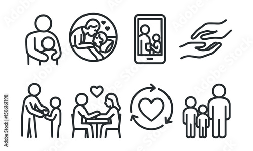 Line style icons of family and relationships: daily hugs icon, bedtime kisses badge, morning ritual screen, gentle gestures symbol, little acts of love, habit of connection, repeat love actions chart