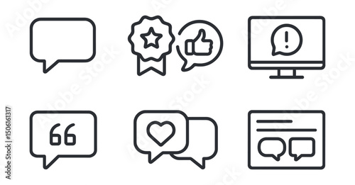 Line style icons of entertainment and media: comment section icon, top reply badge, reaction thread symbol, comment moderation screen, highlight a quote tag, like on comment bubble, discussion