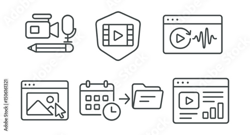 Line style icons of entertainment and media: content creator tools icon, video editor badge, audio sync interface, thumbnail editor screen, schedule publish calendar, export content flow, channel
