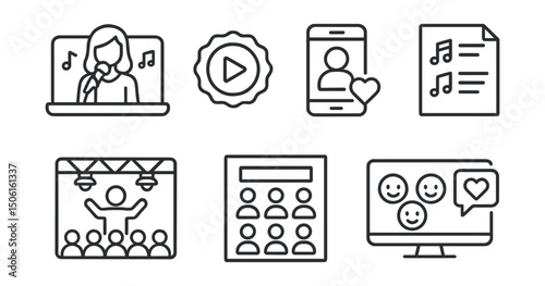 Line style icons of entertainment and media: virtual concert icon, live show stream badge, fan interaction screen, setlist preview panel, performer stage view, virtual venue layout, crowd reaction