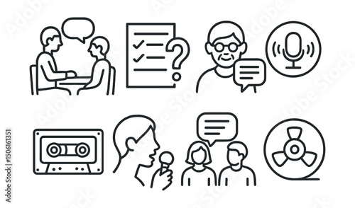 Line style icons of family memory archive: family interview icon, question list symbol, grandparent quote bubble, recorded talk badge, oral history tape, face with microphone, story-sharing moment,