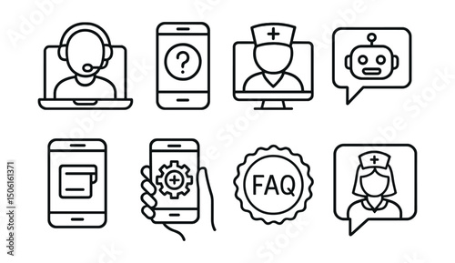 Line style icons of healthcare technology: virtual support icon, help center in app, live patient assistant, chatbot for symptoms, support ticket screen, contact health tech team, FAQ badge, AI nurse