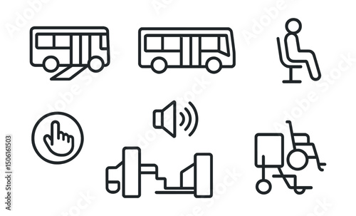 Line style icons of inclusive environments: public transport with ramp, low-floor bus icon, priority seating symbol, visible stop request, audible stop announcement, handrails on both sides, space
