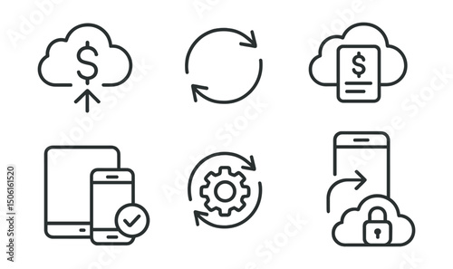 Line style icons of personal finance: cloud backup for finance, real-time sync icon, budget data in cloud, multiple device badge, auto-update setting, record restore screen, encrypted cloud symbol.