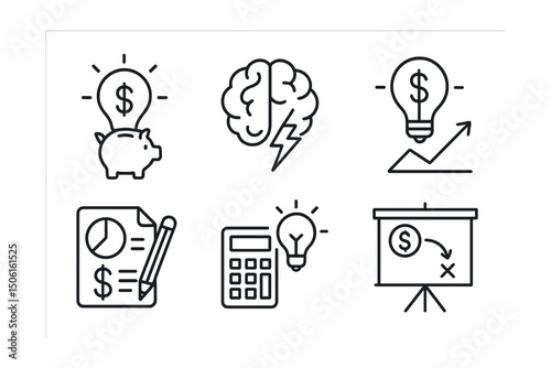 Line style icons of personal finance: new idea for saving icon, financial brainstorm badge, plan improvement lightbulb, income strategy sketch, smart budget tweak symbol, innovation concept board,