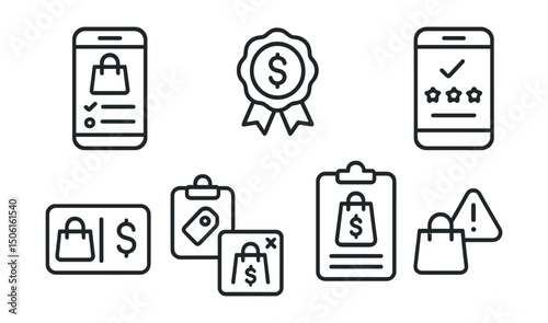 Line style icons of personal finance: shopping tracker icon, spending cap badge, wishlist with budget tag, smart checkout review screen, item vs budget card, expense after purchase popup, shopping