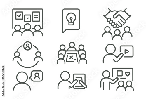 Line style icons of inclusive environments: community feedback board, suggestion card icon, co-design process badge, listening circle symbol, shared planning icon, user-led testing icon, lived