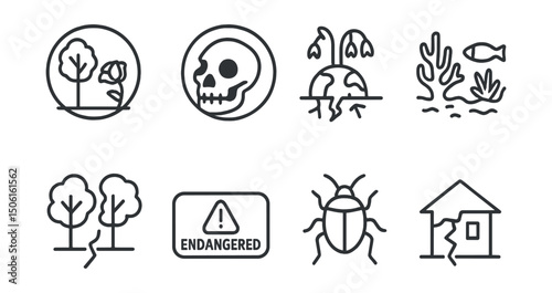 Line style icons of climate vocabulary: biodiversity loss icon, species extinction badge, collapsing ecosystem, coral reef death icon, forest fragmentation symbol, endangered label, invasive species