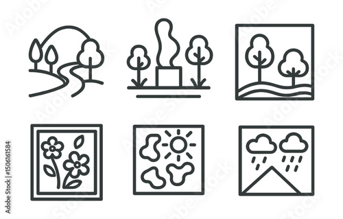 Line style icons of public art: nature-integrated art icon, sculpture in garden, art with trees symbol, land art wave, eco-material mural, moss wall painting, sunlight-based artwork, rain-activated