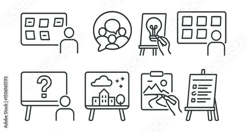 Line style icons of public art: feedback wall icon, voice of people badge, idea suggestion board, post-it gallery icon, what should we create board, dream your city panel, community vision sketch,