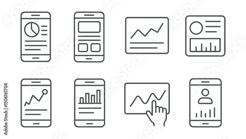 Line style icons of mobile app development: analytics dashboard icon, overview screen layout, KPI graph widget, activity summary card, real-time stats icon, mobile report tab, interactive chart board