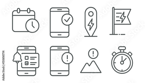 Line style icons of mobile app development: deadline calendar icon, task due badge, release sprint end marker, urgent flag in task list, date reminder popup, overdue alert icon, milestone warning,