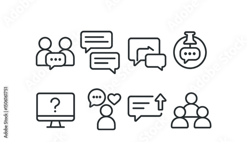 Line style icons of EdTech platforms: peer discussion board, course forum thread, reply to comment icon, pin discussion badge, ask a question screen, community support icon, reply + upvote icon,
