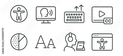 Line style icons of EdTech platforms: accessibility icon, screen reader compatible badge, keyboard navigation symbol, subtitle on video, color contrast adjustment, font size toggle, learning with
