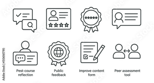 Line style icons of EdTech platforms: feedback and review icon, student review card, 5-star rating badge, lesson comment section, post-course reflection icon, public feedback badge, improve content