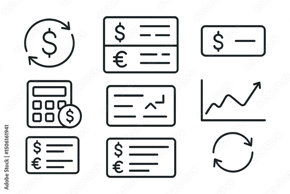Line style icons of finance and investment apps: currency converter icon, real-time FX rates panel, exchange rate input, currency selection dropdown, calculator with flag badge, rate trend graph,