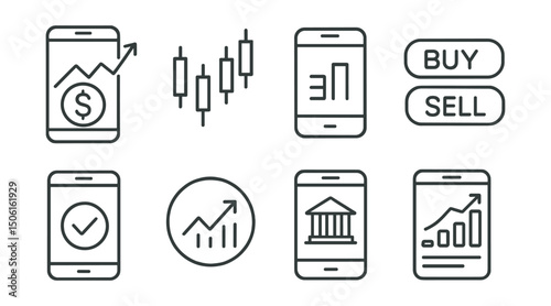 Line style icons of finance and investment apps: stock market icon, candlestick graph, live ticker feed, buy/sell button pair, trade confirmation screen, share price badge, mobile brokerage symbol,