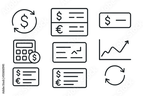 Line style icons of finance and investment apps: currency converter icon, real-time FX rates panel, exchange rate input, currency selection dropdown, calculator with flag badge, rate trend graph,