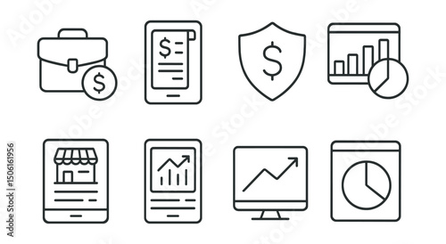 Line style icons of finance and investment apps: business finance icon, invoice creator screen, expense claim badge, income by client chart, small business dashboard, cash flow management panel,