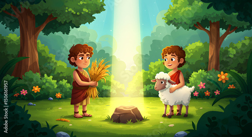 visualization for cartoon scene bible Genesis 4:3-5