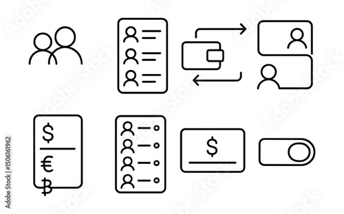 Line style icons of finance and investment apps: multiple account icon, linked accounts panel, transfer between wallets, account switcher badge, multi-currency screen, account access list, view all