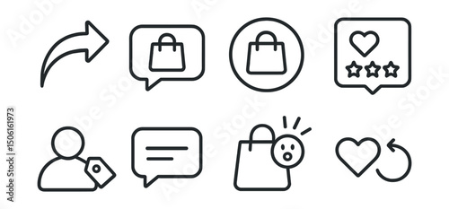 Line style icons of e-commerce: share on social icon, product post bubble, story highlight badge, like and review feed, influencer tag icon, social comment panel, viral product reaction, real-time
