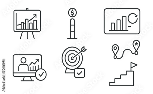 Line style icons of e-commerce: sales goals board, revenue milestone tracker, monthly KPI chart, customer conversion graph, product target icon, success path map, seller achievement badge, campaign