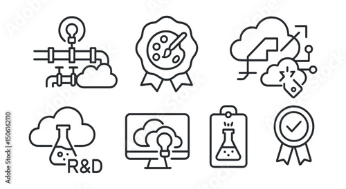 Line style icons of cloud computing: innovation pipeline icon, creative cloud project badge, new architecture concept, tech breakthrough tag, R&D in cloud symbol, scalable idea screen, experiment in