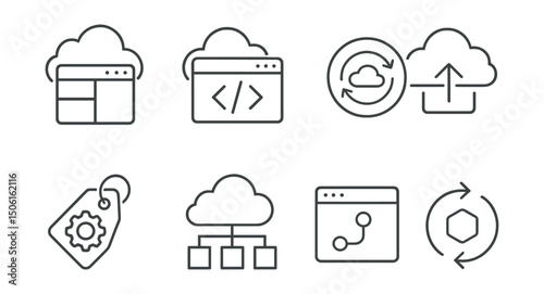 Line style icons of cloud computing: cloud development panel, code in browser screen, CI/CD pipeline badge, deploy to cloud icon, build automation tag, staging environment symbol, version control