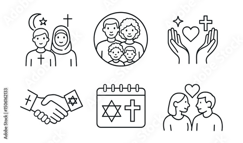 Line style icons of family and relationships: interfaith couple icon, multicultural family badge, diverse relationship symbol, harmony through difference layout, respect in values card, blended