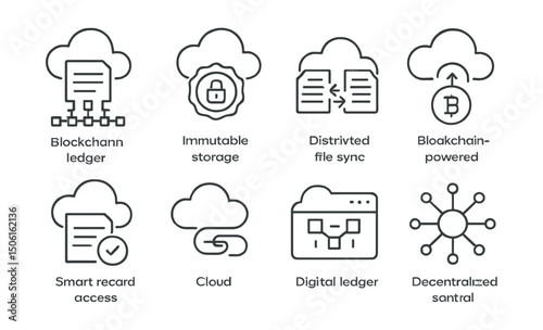 Line style icons of cloud computing: blockchain ledger view, immutable storage badge, distributed file sync, blockchain-powered backup, smart record access, cloud + chain combo, digital ledger in UI,