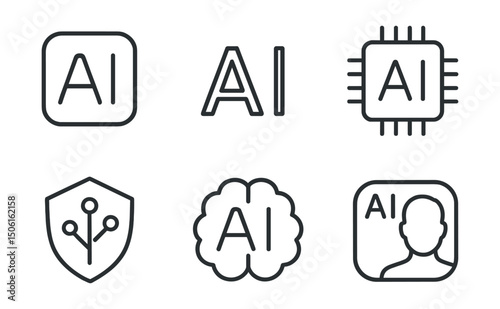 Line style icons of artificial intelligence: branded AI symbol, AI logo style, AI-powered product mark, intelligence badge for UI, platform branding with brain, personalized AI look, design identity