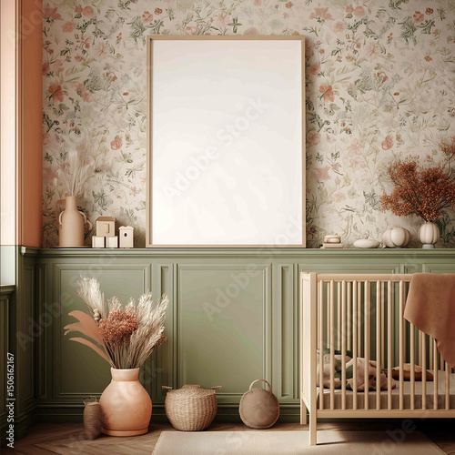 a 3d studio mock up of a hyperrealistic photograph of a nursery with a cottage core theme and a large A1 sized blank empty frame on one wall portrait orienta