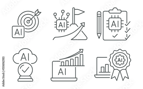 Line style icons of artificial intelligence: smart goal tracker icon, AI milestone predictor, intelligent objective planner, outcome forecasting badge, task progress estimation, model-based goal