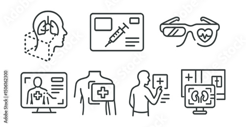Line style icons of healthcare technology: AR surgery guide icon, augmented procedure screen, smart glasses with vitals, AR diagnosis panel, treatment overlay view, gesture-based AR in hospital,