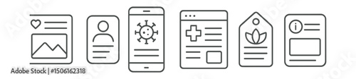 Line style icons of healthcare technology: healthcare article icon, patient guide card, disease facts reading screen, care topic section, medication sheet symbol, education for wellness tag, info
