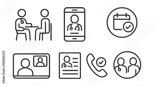 Line style icons of healthcare technology: doctor-patient meeting icon, in-app consultation screen, appointment circle view, scheduled call symbol, video intake screen, health discussion log,