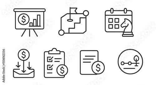 Line style icons of personal finance: financial planning board, step-by-step goal map, savings calendar icon, long-term strategy card, emergency fund flow, financial priorities checklist, asset