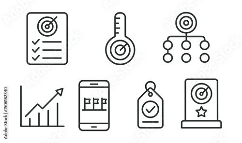 Line style icons of personal finance: goal tracker icon, goal thermometer badge, SMART goal builder, goal projection chart, timeline of goals screen, milestone check tag, personal achievement panel.