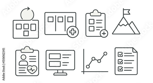 Line style icons of healthcare technology: development sprint board, agile board in medtech, feature backlog icon, new release milestone, build for patient needs, dev tracker screen, roadmap