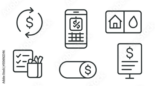 Line style icons of personal finance: recurring expense icon, fixed vs variable badge, bills calendar screen, rent + utility card, groceries tracker icon, recurring payment toggle, cash outflow panel