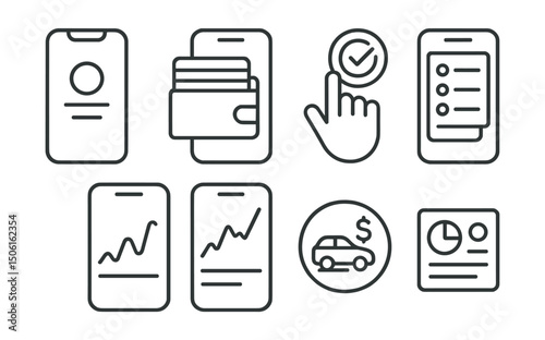 Line style icons of personal finance: mobile finance app screen, card wallet on phone, tap to budget symbol, scrollable expense feed, mobile graph view, transaction on-the-go badge, compact budget