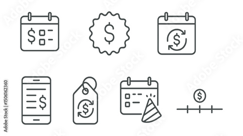 Line style icons of personal finance: calendar of bills icon, payday highlight badge, auto-payment date symbol, monthly overview screen, recurring expense tag, budget event planner, financial