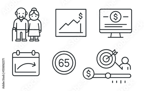 Line style icons of personal finance: retirement planning icon, future savings graph, pension fund dashboard, contribution timeline screen, retirement countdown badge, goal age target, projected