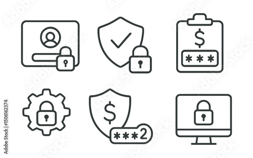 Line style icons of personal finance: secure account icon, login protection badge, encrypted budget data, privacy settings lock, secure transaction shield, two-factor symbol, finance access control.