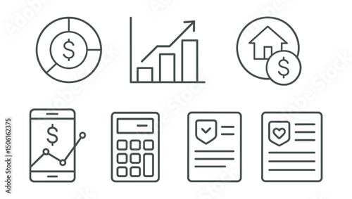 Line style icons of personal finance: net worth overview icon, asset vs liability graph, real estate + cash badge, long-term balance screen, equity calculator symbol, financial health panel, wealth
