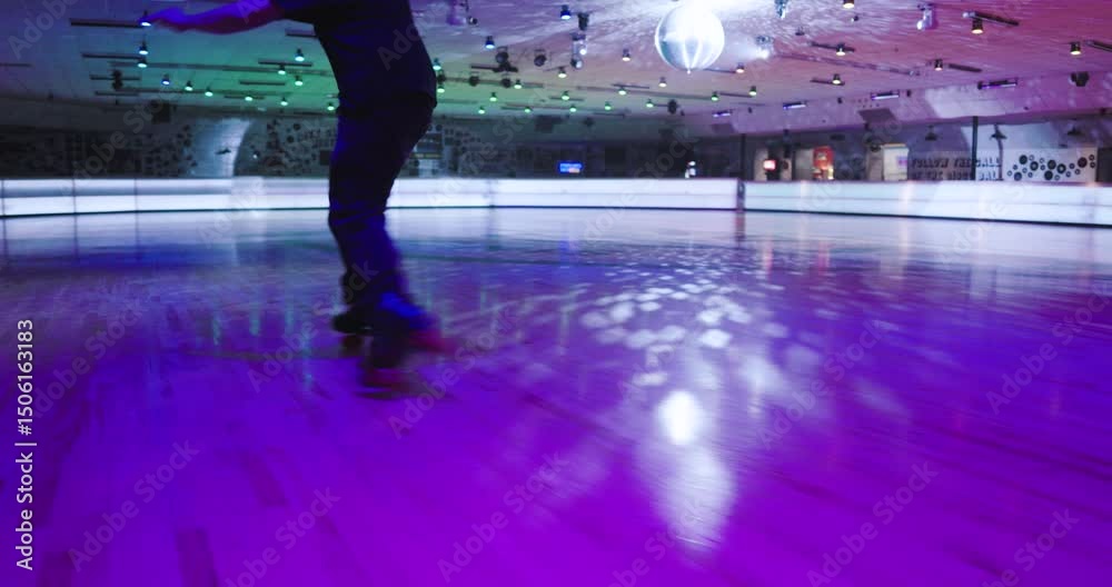 Lower half of roller skater doing epic spins and tricks on skate floor alone - steady cam followings shot