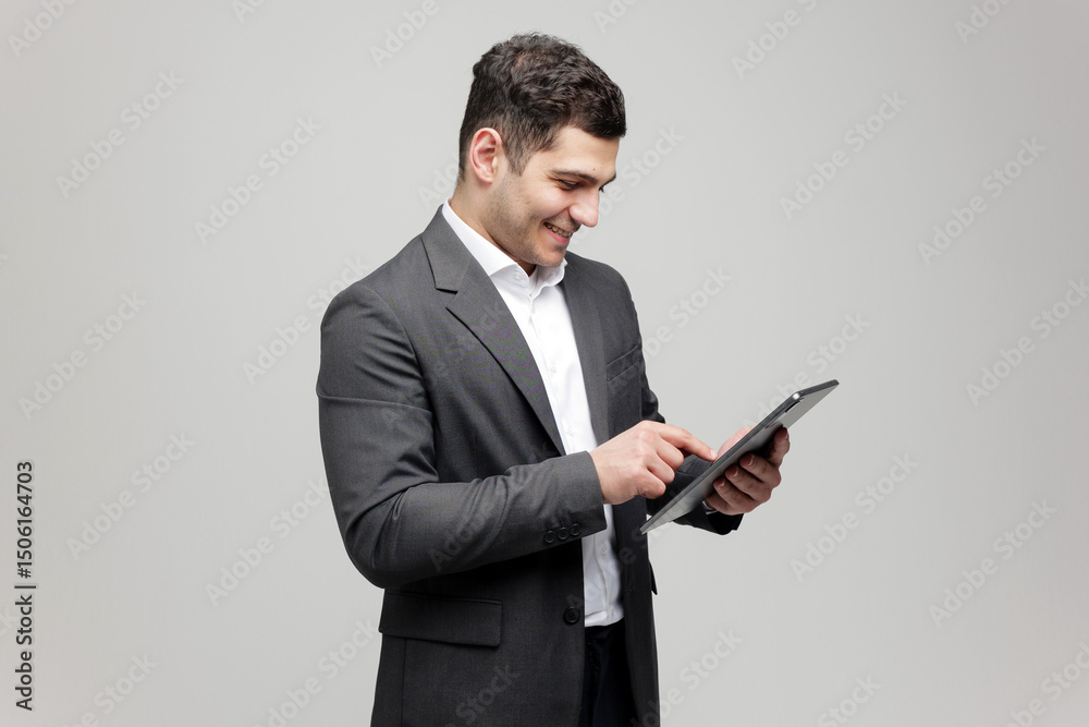 Business professional engaged in technology with a tablet, showcasing innovation and enthusiasm for modern solutions Business professional engaged in technology with a tablet, showcasing innovation and enthusiasm for modern solutions