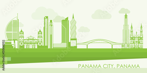 Green Skyline panorama of Panama city, Panama - vector illustration