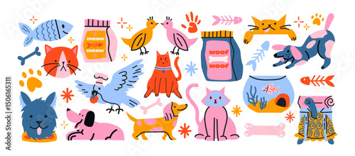 Funny domestic pets set in retro cartoon style. Cartoon animals: cats, dogs, puppies, kittens. Illustration in funky, doodle style, trendy sticker set.